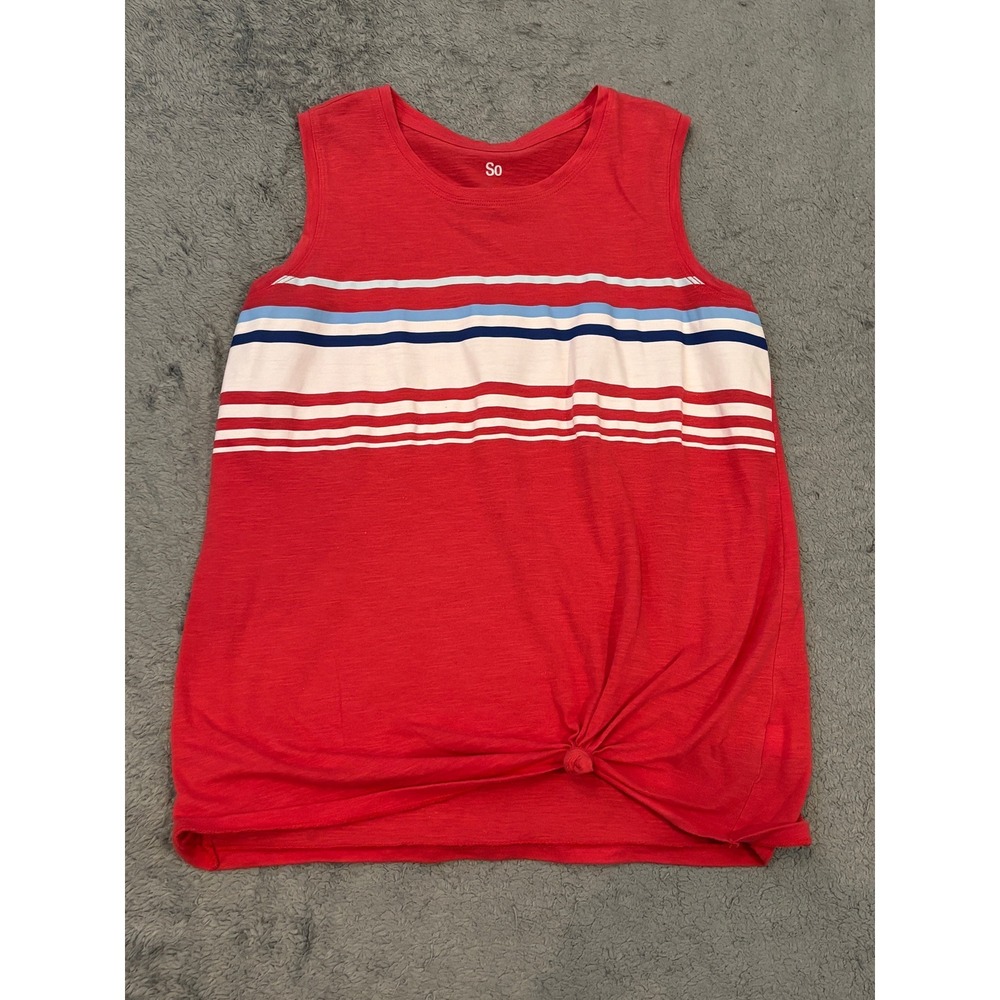 SO Womens XS Red Striped Sleeveless Tank Top Side Knot Nautical Slub Knit Tee